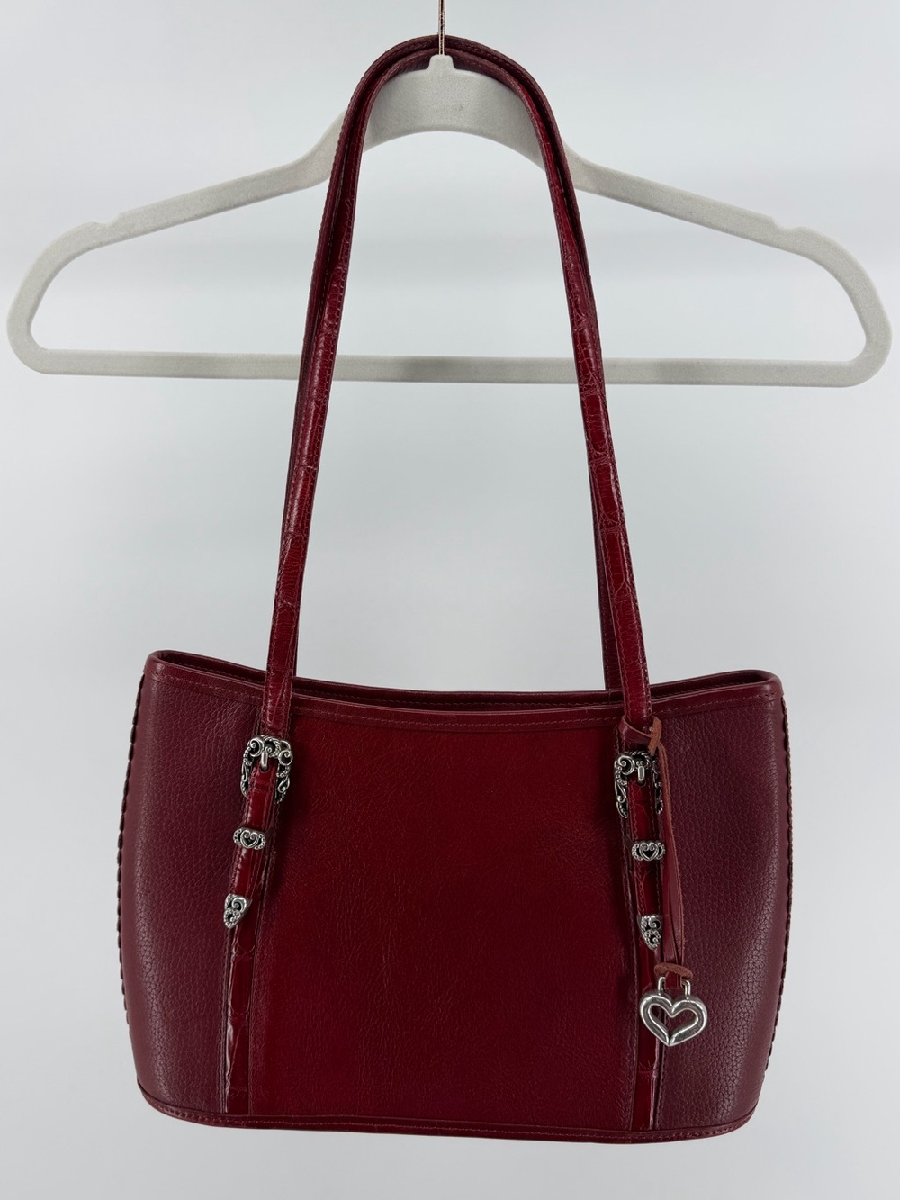 Vintage Brighton Red Leather Shoulder Bag, Silver Hardware Plaid Lining A406299